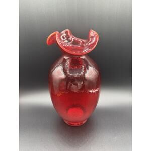 Fenton Vase Art Glass Ruby Red Large Ruffled Top Smooth Crimped Base Vintage